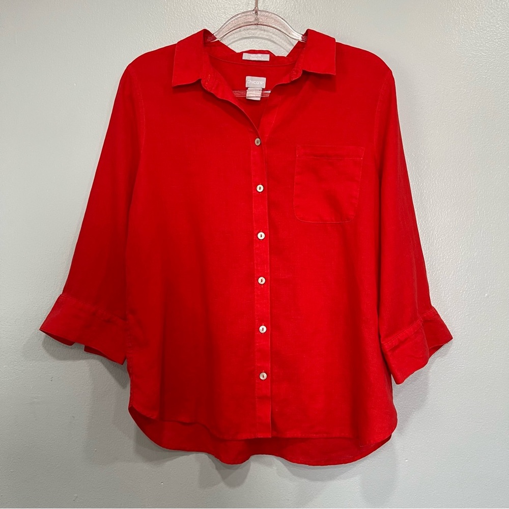 100% Linen Chicos  3/4‎ sleeves women linen button up shirt size 2